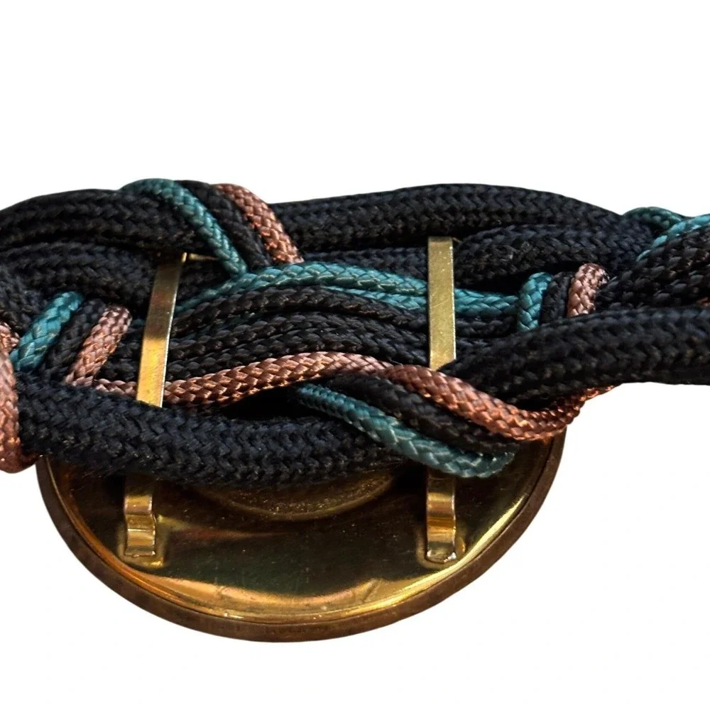 70s Braided‎ Cord Belt Womens Black Leather Shop Ornate Medallion Hook Vintage